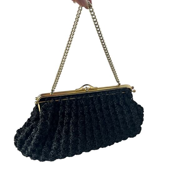 Macrame or Knit Strawy Weave Evening Bag Purse Black Gold Chain Retro Glam - Picture 2 of 12